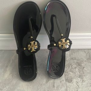 Tory Burch Sandals- Black with gold buckle- excellent condition- Size 10